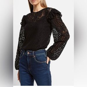 Express Lace Long Sleeve Ruffle Shoulder Top, Black, SZ XSmall or Small. NWT